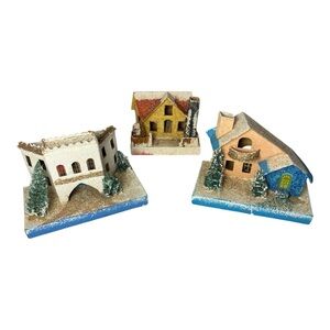 3 Vintage Japan Putz Houses Cardboard Christmas Mica Trees Blue Yellow Red